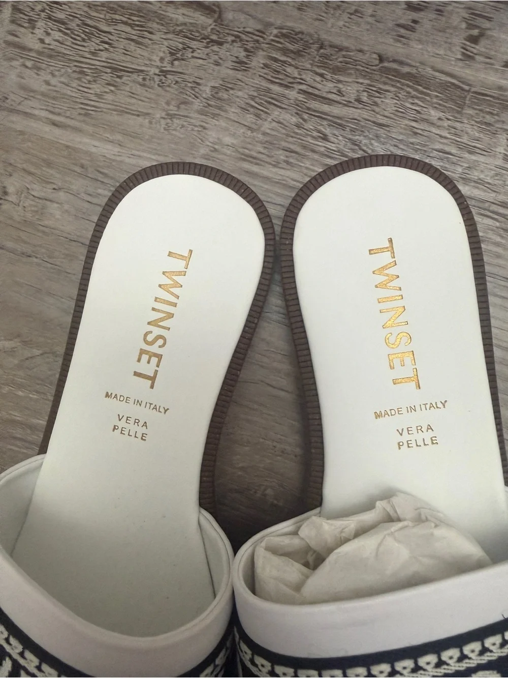 Twin-Set White Slides with Navy Logo Band